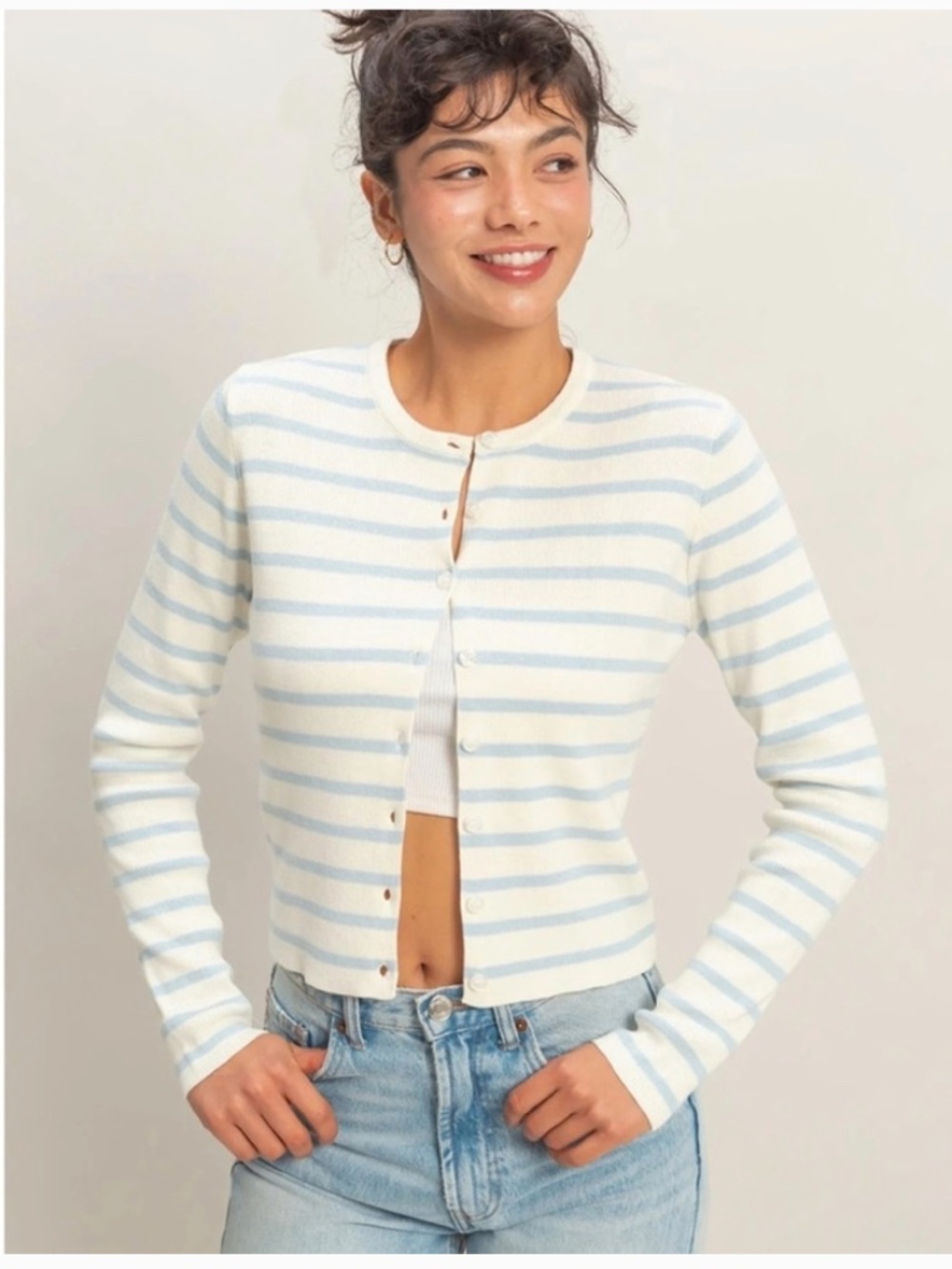NEW Double Zero Ice Blue Striped Button Cardigan Large Ribbed Knit Fitted